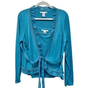 Fashion Instinct Blue Ruffle‎ Tie Front Cardigan Tank Set Women's Size L